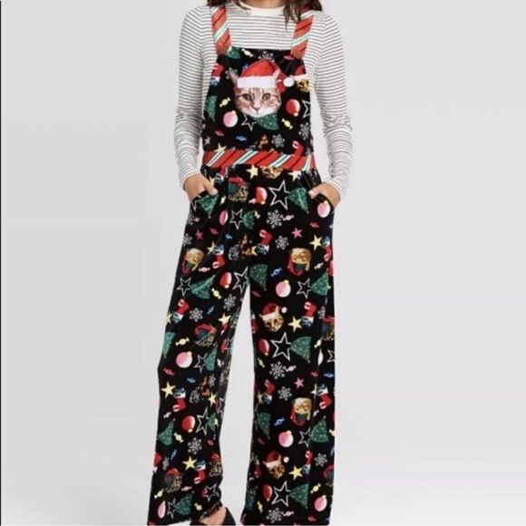 Christmas Cat Velvet Jumper Overalls XS - Picture 1 of 6